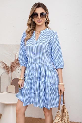 Image of utcoco Women's 2026 Spring Summer Plaid Shirt Dress 3 /4 Puff Sleeve Button Down Loose Casual Midi Dress with Pockets