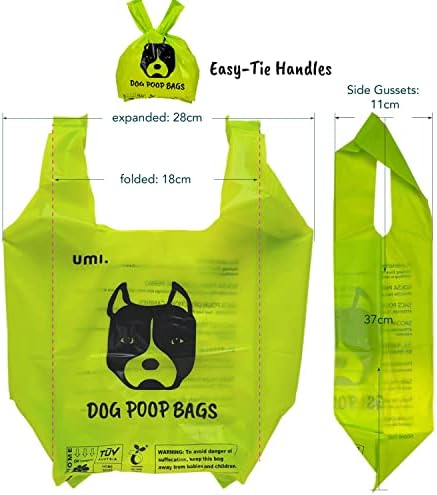 Amazon Brand - Umi Dog Poo Bags with tie Handles, Biodegradable Dog Poop Bags, Certified Compostable, Extra Thick and Leak-Proof, Unscented, 18 x 37 cm, 60 bags
