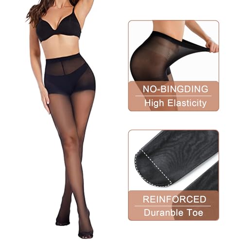 Image of Weziarer 3 Pairs Women's Control Top Pantyhose-20D Sheer Tights with Reinforced Toes (Black,S)