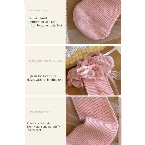 Crew Socks for Women, Baby Kneehigh Socks Cotton MidCalf Socks Stretchy Puff Lace Trim for Girl Dress Sock3