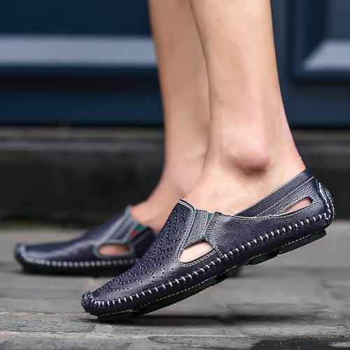 Image of Men's Breathable Summer Genuine Leather Sandal Perforated Casual Walking Driving Flats Shoes
