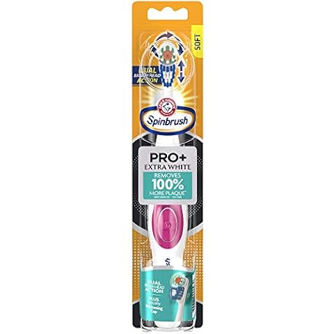 Spinbrush ARM & HAMMER Spinbrush PRO+ Extra White Battery-Operated– Spinbrush Battery Powered Toothbrush Removes 100% More Plaque- Soft Bristles -Batteries Included Cover