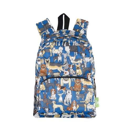 ECO CHIC Lightweight Foldable Water Resistant Mini Backpack Folds Into Pouch for Storage (Dogs Blue)