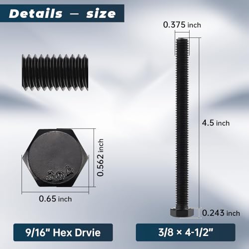 Image of Glvaner 3 /8-16 x 4-1 /2 inch Stainless Steel Hex Head Screws Bolts, Black Coated, 304 Stainless Steel 18-8, Hexagon Head Bolts, Full Thread, 8 pcs
