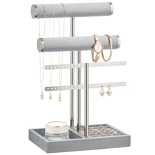 Image of Jewelry Organizer Stand for Necklaces, Bracelets, Earrings, Rings, Grey | 3 Tier Velvet Bracelet Holder Display | Jewelry Organizers and Storage | Jewelry Tree | Jewelry Towers