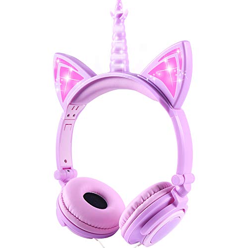 LOBKIN Unicorn Kids Cat Ear Headphones LED Light Up Earphone Wired Adjustable