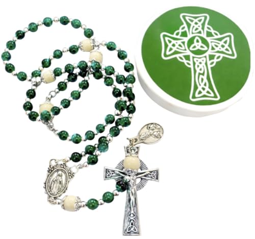 Saint Patrick Irish Rosary Glass Beads & Metal with Celtic Cross Case