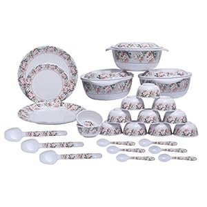 Round Shape Melamine Dinner Set 40 Pieces for Kitchen White with Flowers Border