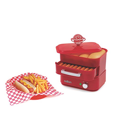 Salton Treats Steamer for Extra Large Authentic Stadium-Style Hot Dogs and Sausages, 8 Hot Dog and 4 Bun Capacity to Steam and Warm Breakfast Sausages, Brats, Vegetables, Fish, 350 Watts, Red (HD1905)