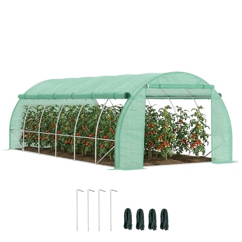 Outsunny Foliengewächshaus Polytunnel 6 x 3 x 2 m begehbares Gewächshaus mit aufrollbar Abdeckungen Folientunnel Treibhaus UV-Schutz Stahlrohr Grün