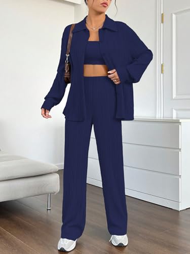 Image of Shasmi Women's 3-Piece Co-ord Set - Solid Button Front Shirt, Strapless Tube Top & Wide Leg Pants | Casual Loose Fit Western Outfit for Daily Spring /Fall Wear (Co-Ord-208)