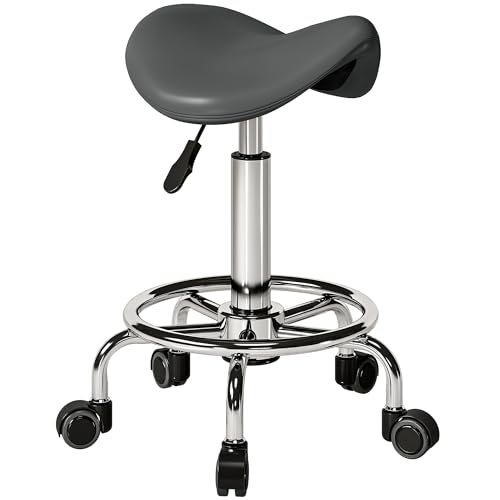HOMCOM Saddle Stool PU Leather Adjustable Rolling Salon Chair for Massage Spa Clinic Beauty Hairdressing and Tattoo Grey