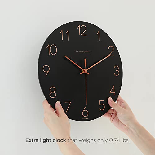 Image of mooas Flatwood Wall Clock (Black),12 inch Non-Ticking Sweep Movement | Decorative Modern Battery Operated Decorative Wall Clock for Home Living Room Kitchen Bedroom Office School Cafe Hotel