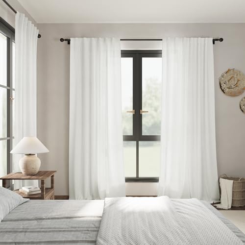 Image of Nanspring Linen Curtains 84 Inch Length 2 Panels Set,Ivory - Back Tab Pocket Flax Linen Cotton Textured Curtains for Living Room Dining Room Cream White Natural Light Filtering Window Drapes 52X84