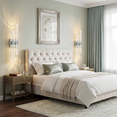 Image of Crystal Wall Sconces Set of Two Chrome Wall Sconce Hardwired LED Bathroom Vanity Light Fixtures 21.25in 4000K Vertical and Horizontal Wall Mounted Sconces for Bedroom, Living Room, Hallway