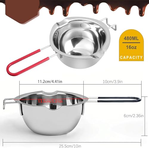 2pcs Double Boiler Pot, Chocolate Melting Pot, Stainless Steel Double Boilers for Stove Top, 480ml Chocolate Melter Pots for Melting Butter,Cheese,Caramel, with Silicone Spatula, Great Kitchen Tool