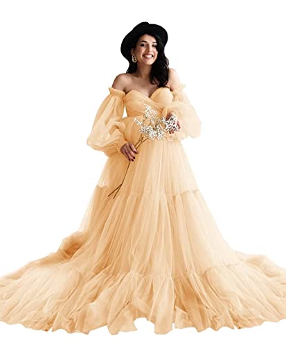 Qqcute Champagne Maternity Dress For Photoshoot Puffy Sleeves Tulle Robe Bridal Dressing Gowns Off Shoulder Pregnancy Baby Shower(S-M) #TOP15