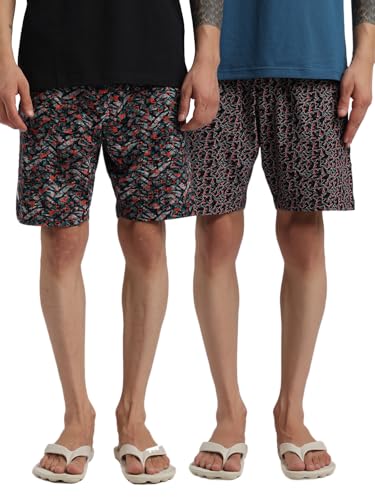Image of Bumchums Printed Knee Length Bermuda Shorts for Men, Cotton Fabric, Regular Fit, Pack of 2