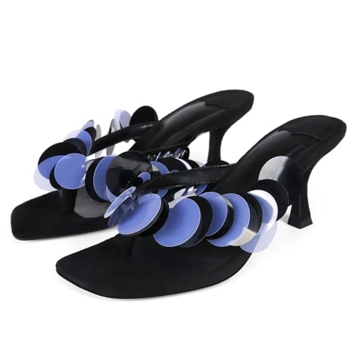 Image of Goolita Women's Suede Sequin Kitten Heels Flip Flops Open Square Toe Strappy Thong Slide Heeled Sandals Comfort Prom Party Mules Heels
