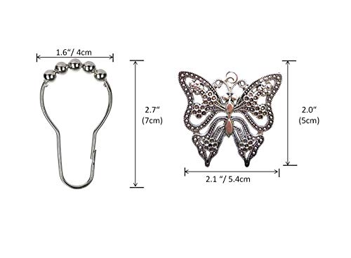 Molika Butterfly Shower Curtain Hooks Rings - Antique Silver Metal Curtain Hangers Decorative Bath Room Accessories Set - Farm, Garden, Park, Forest, Floral, Country, Village Theme Bathroom Decor #TOP1