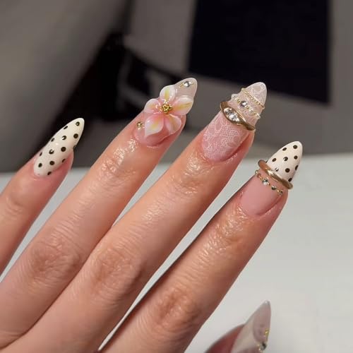 Image of Polka Dot Press on Nails Flower Fake Nails with Lace Design Almond Nails | French Tip Nails Press ons Medium Length False Nail 3D Pink Floral Stick on Nails for Women Glossy Full Cover Manicure 24Pcs