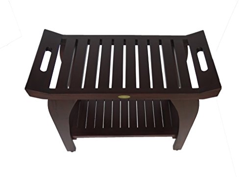Decoteak Tranquility Wood Shower Bench Extended Height Teak Shower Stool With Storage Shelf 30" Wide Shower Seat Bench In Woodland Brown Finish #TOP1