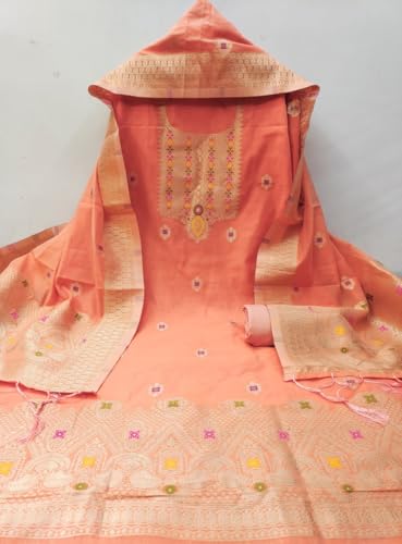 Image of Chanderi Suit Vol 5 | Pure Chanderi Banarasi Silk (3m) | Soft Cotton Bottom (2.5m) | Woven Chanderi Banarasi Silk Dupatta (2.3m) with Tassels, Unstitched Material, Fits up to 60 inch, Length 48
