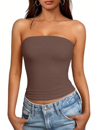 GKBK Womens Tube Top Double Lined Strapless Crop Top a Sexy Y2K Going Out and Casual Tops for Spring and Summer a Cute Basic Sleeveless Tank Shirts for 2026 Brown-L