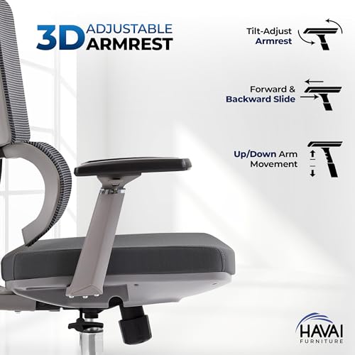 Image of HAVAI Neo High Back Ergonomic Mesh Office Chair | Multi-Lock Mechanism | Chrome Base | 3D Armrests with PU Pads | Adjustable Headrest | Breathable Mesh Back (Grey)