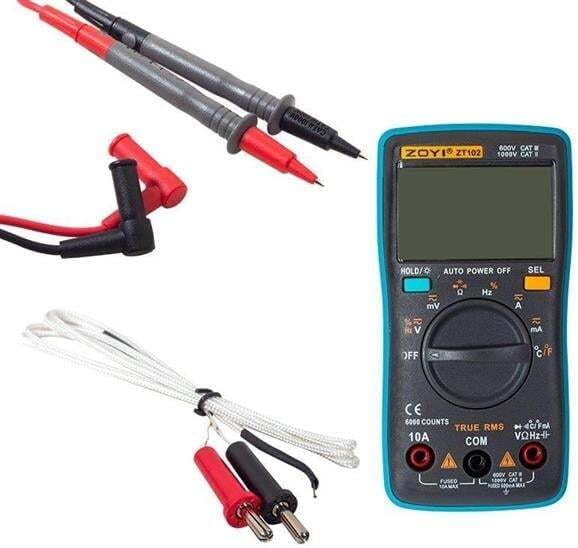Close-up of Zoyi ZT-102 Digital Multimeter showing input jacks and test probes connected