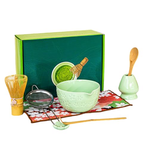 Vifxucy 茶道具 茶せん 茶筅 竹製 泡立て器 茶道 伝統的工芸品、セラミック抹茶セットには、 抹茶愛好家のための お手入れも簡単 敬老の日 父の日 母の日 クリスマス 新年 誕生日 ギフト プレゼント (グリーン,8点セット)