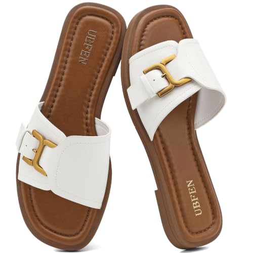 Image of UBFEN Womens Square Toe Flat Sandals Slides Dressy Comfortable for Beach