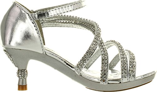 Glamour-28 Kids Silver Rhinestone Flower Sparkling Bling Heel Designed Dress Sandals-92