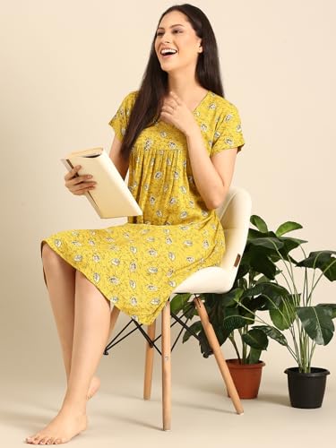 Image of Rupa Jon Aishwarya Women Short Printed Nighty in Premium Cotton Blend Fabric, Midi Length, Night Dress, Three-Fourth Length for Comfortable Everyday Wear