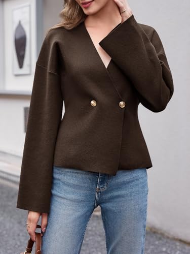 Saodimallsu Womens V Neck Cardigans Long Bell Sleeve Button Down Open Front Loose Knit Fall Sweater Blazer4