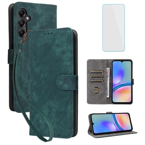 IUQXU Handyhülle für Samsung Galaxy A05s/M14 4G Hülle mit Panzerglas RFID Stoßfeste Schutzhülle Kartenfach Klapphülle Geldbörse Lederhülle für Galaxy A 05s Samsung M 14 SM-A057G A05 s Ao5s Grün