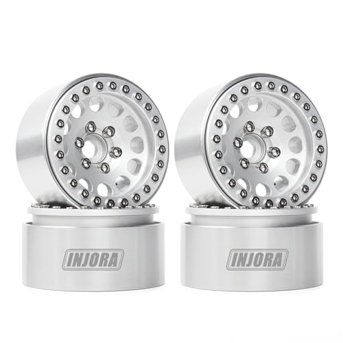 INJORA RC Rims 4pcs 1.9 Inch Beadlock RC Wheel Rim Set Wheel Hub for 1:10 RC Crawler Axial SCX10 SCX10 II 90046 SCX10 III AXI03007 TRX4 D90 12mm Hex (Silver)