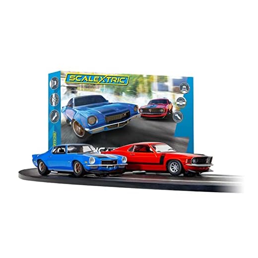 Scalextric American Street Duel 1970's Camaro vs. Mustang 1:32 Slot Car Race Track Set C1429T, Blue & Red