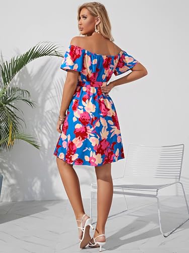 Image of Off Shoulder Ruffle Dress for Women, A-Line Mini Dress with Belt, Fitted Bust Summer Wedding Guest Dress