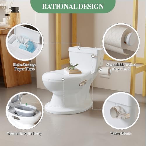 2-in-1 Potty Training Toilet, 12.99in Standalone Potty Chair for Toddlers & Baby, Realistic Flushing Sound, Soft Comfort Seat, Removable Washable Pot, Non-Slip Base, Built-in Toilet Paper Holder - 3