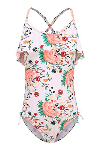Big Girls One Piece Swimsuit Hawaiian Ruffle Swimwear Beach Bathing Suit Orange Floral Size 10/8-10