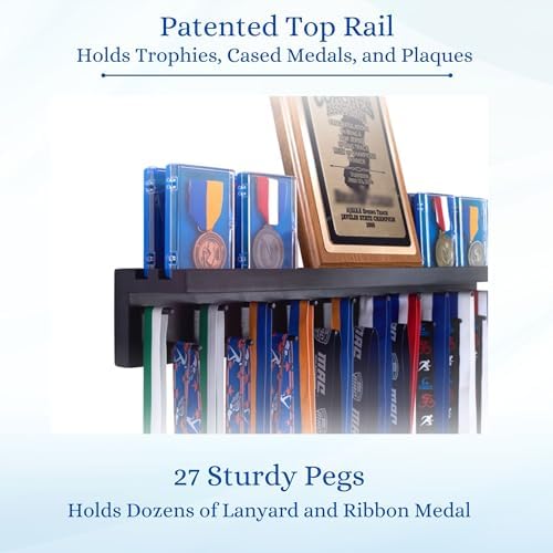 Medal Awards Rack Premier Medal Hanger Display Rack and Trophy Shelf for Gymnastics, Soccer, Basketball, Football, and More β Black, 3 ft - 4