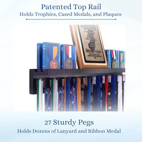 Image of MedalAwardsRack 3ft- Ultimate Medal Hanger Display and Trophy Shelf - Multi-Sport Trophy and Medal Holder for Medal Display, Plaques, Pictures, Trophies and more. Solid Wood - Large 36 inch - Black