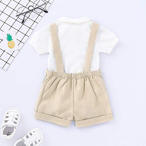Gentleman Outfits Set For Baby Boys Short Sleeve Romper With Tie And Overalls Bib Pants Clothing Set (Beige, 0 - 6 Months) #TOP6