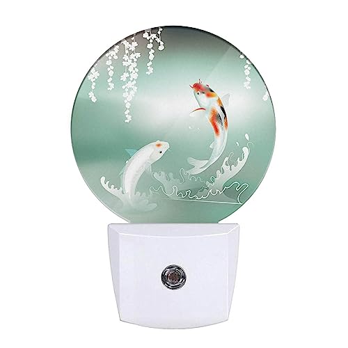 Image of Pond Fish Night Light Two Fishes Jump Over Lake Flowers Branch Sage LED Dusk to Dawn Plug-in Nightlight Auto Sensor for Bedroom Bathroom Hallway Living Room