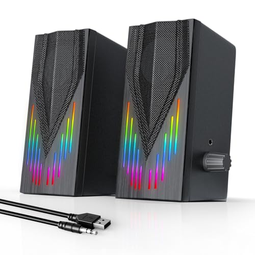 Computer Speakers,Computer Speakers for Desktop PC,Computer Speakers for Laptop, with 6 Colorful RGB Lights,3.5mm Aux Computer Speakers for PC/Laptop/Tablet Phone(E1065), Black