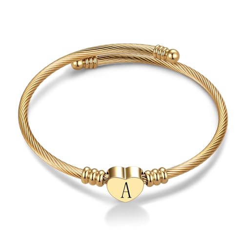 Women Gold Plated Heart Initial A-Z Letter Cuff Bracelets Expandable Stainless Steel Birthday Jewelry