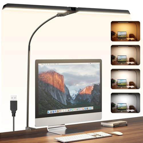 Quntis Led Desk Lamp for Home Office Smart Double Head Computer Monitor Table Clip Lamp Eye-Care Architect Light 4 Color Flexible Adjustable Lighting for Study Drafting Gaming Reading