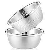 POPGRADE 304 Stainless Steel Colander 4QT Microporous Colander & Large Bowl for Kitchen,Rice Strainer with Salad Mixing Bowl for Pasta Straining,Fruit Washing,Vegetable Draining,Food Mixing(2PCs)