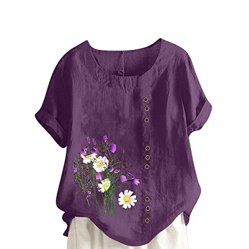 Women Summer Cotton Linen Tshirt Tops Trendy Vintage Floral Graphic Tee Loose Fit Tunic Short Sleeve Plus Size Button Blouse Purple #TOP17